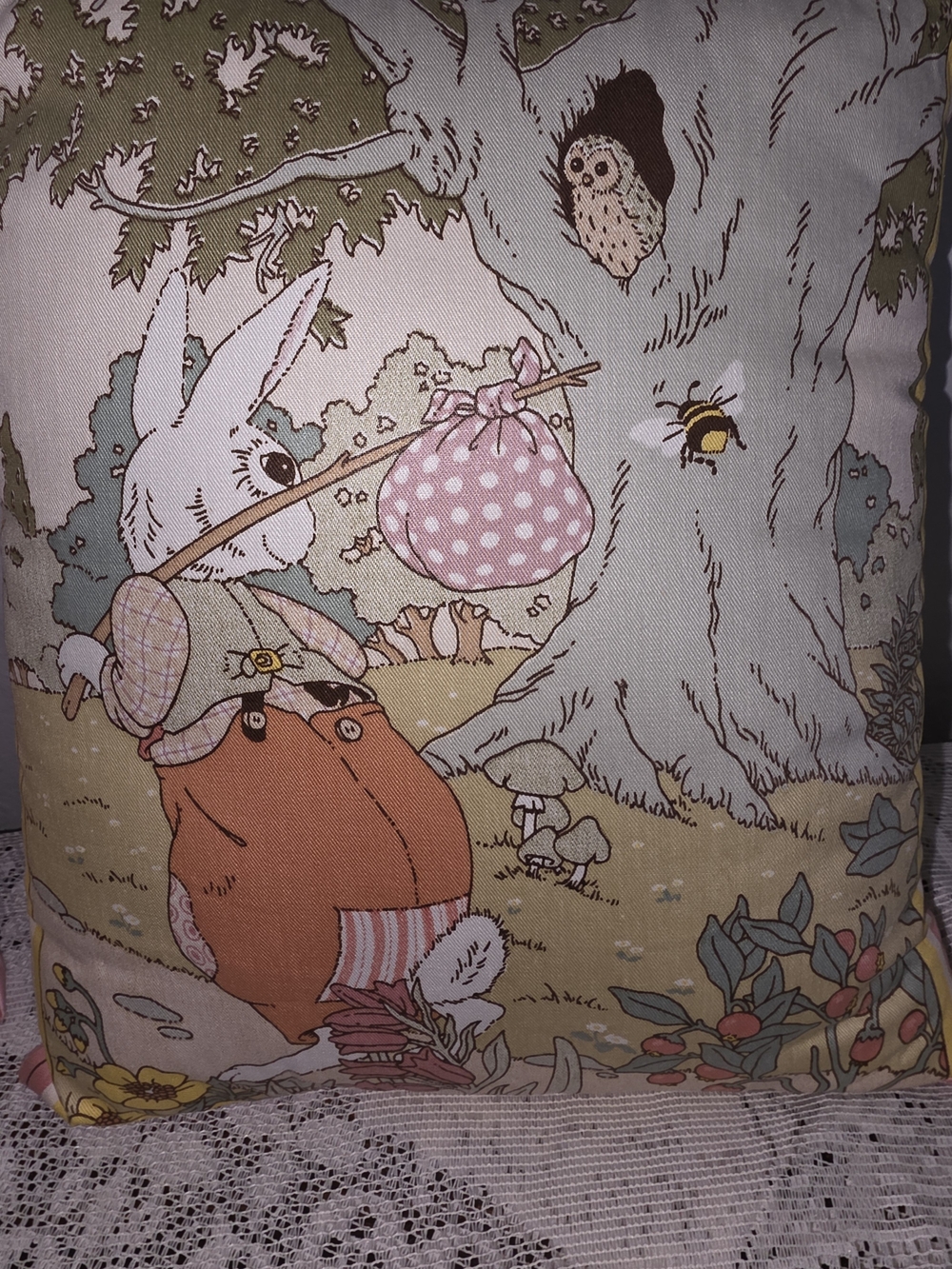 Mr. Rabbit" decorative pillow, meticulously crafted using a classic 1980s Fabric